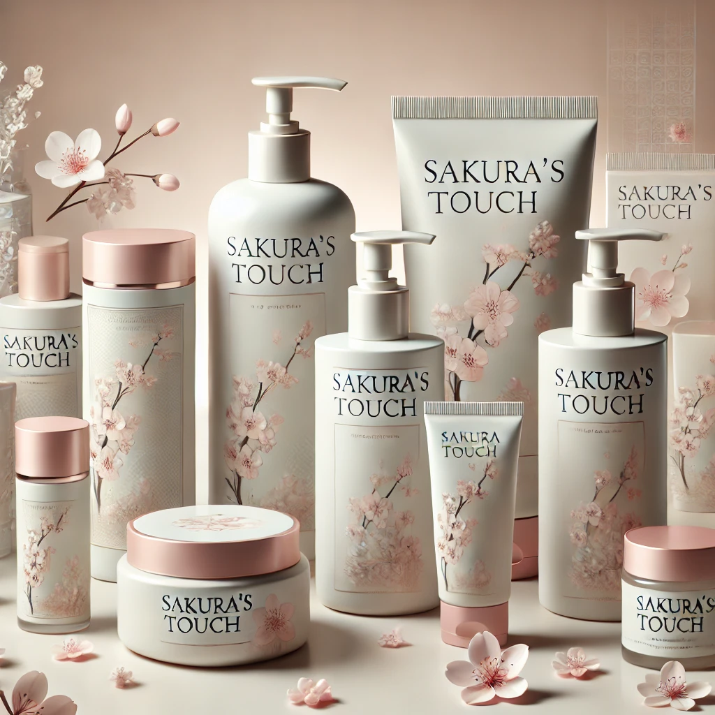 Dall·e 2024 11 04 08.59.20 A Range Of Elegant Lotion Containers Featuring The Label 'sakura's Touch.' Displayed In Various Sizes And Shapes, The Containers Are Designed With A S