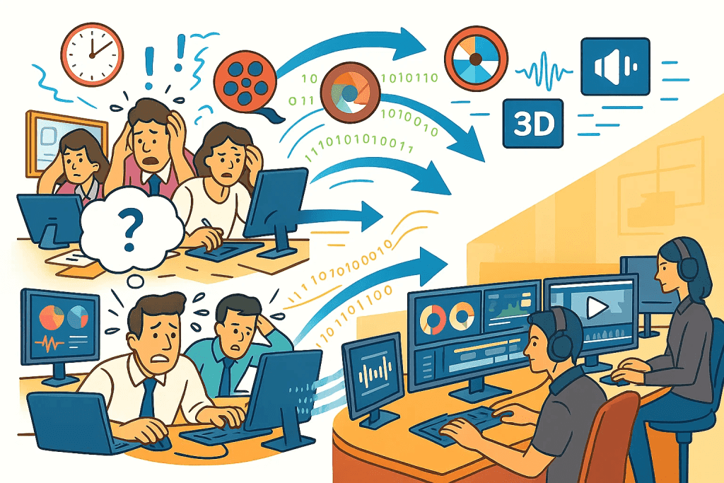 Funny comic strip of outsourcing video editing