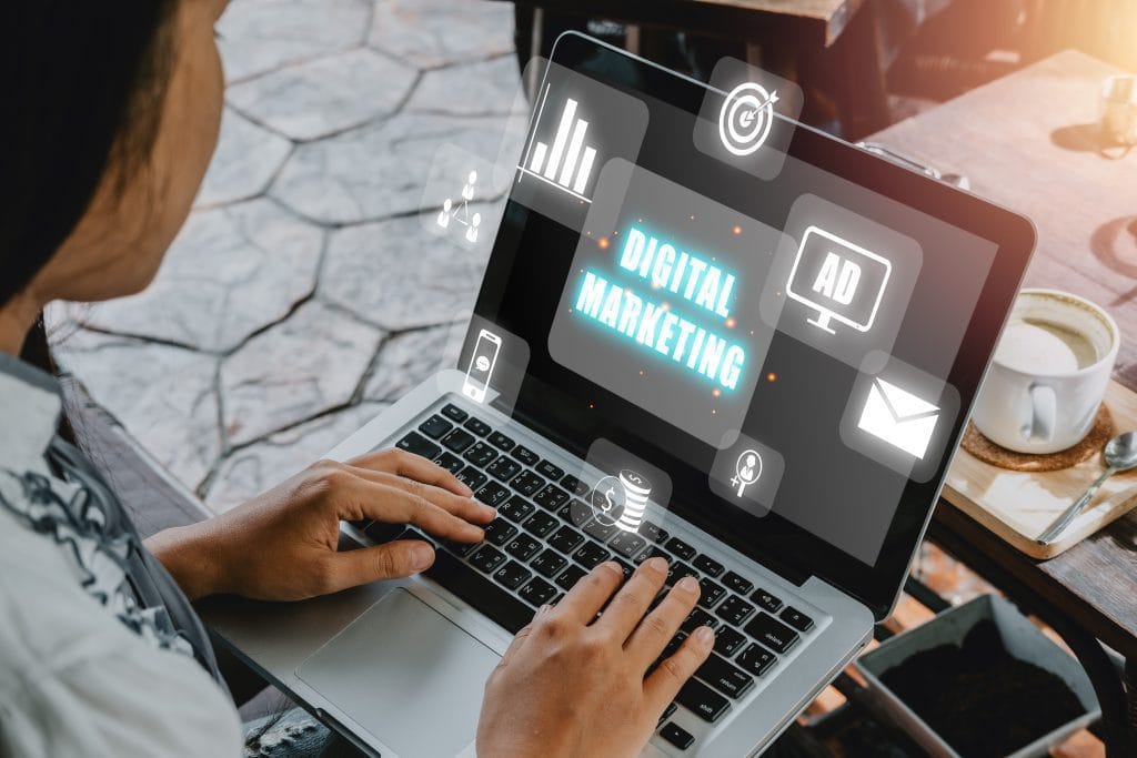 Digital Marketing Technology Concept Business Person Using Laptop Computer With Vr Screen Digital Marketing Icon Internet Online Search Engine Optimisation Seo Video Advertisingx9 1024&times;683