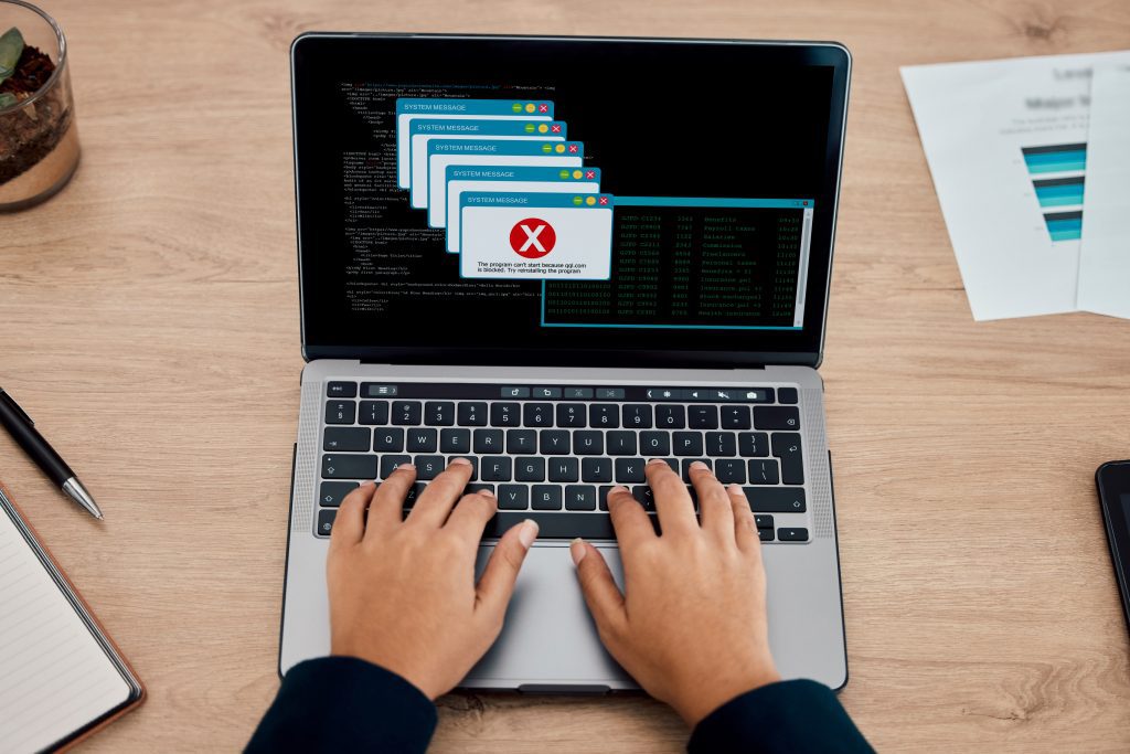 Error Office Hands Typing Laptop Working Web Development Design With Mistake Technology Glitch Person Type Computer Tech Project Internet Workplace