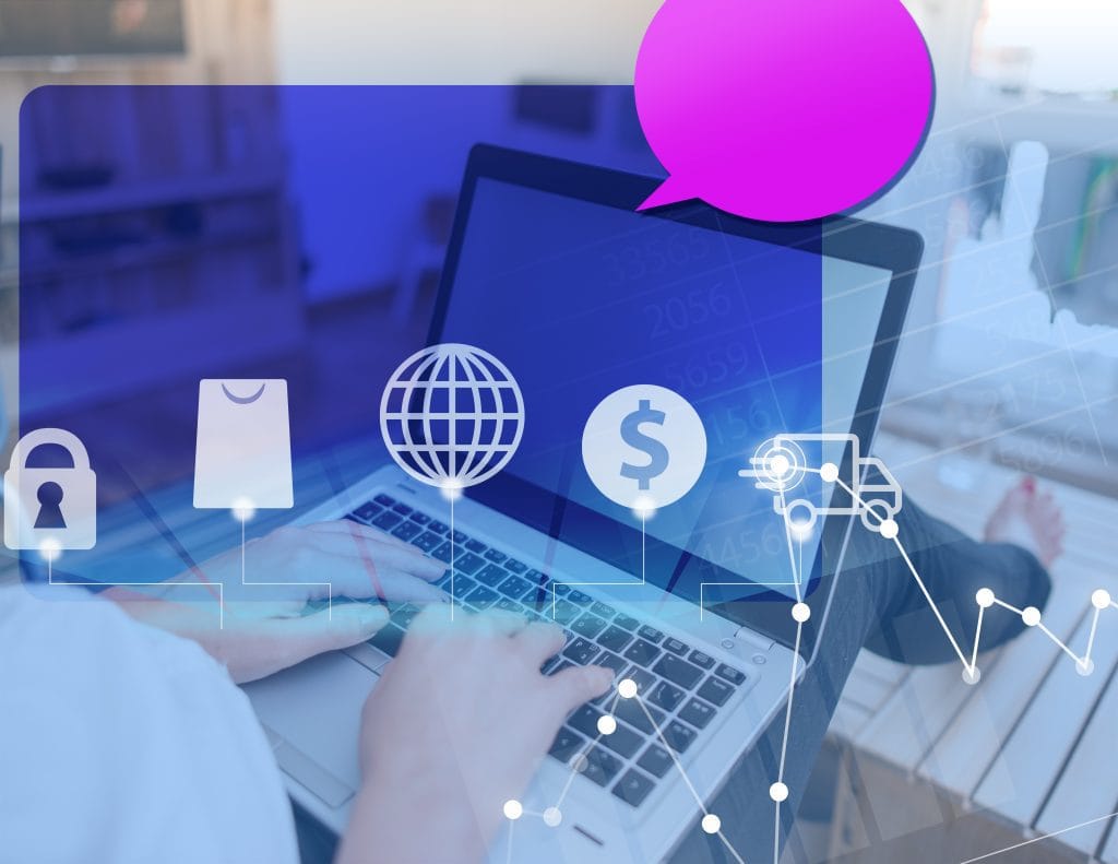 Network Web Shopping Shop Economy Security Deliver Icons And A Lady Typing In A Computer In A Blue Screen. Pink Empty Speech Bubble. Office Business Technological.
