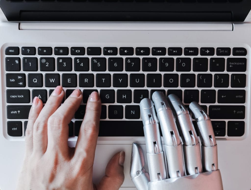Robot Hands Fingers Point Laptop Button Advisor Chatbot Robotic Artificial Intelligence Concept