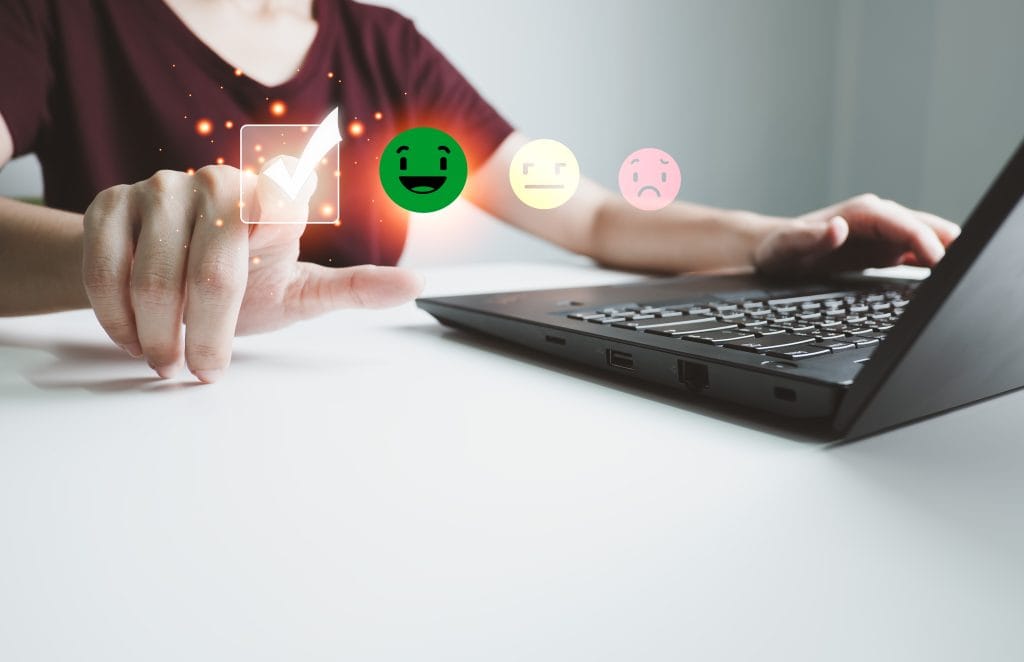Concept Customer Satisfaction Service Businesswoman Using Laptop Express Their Opinions Answers Satisfied Scores