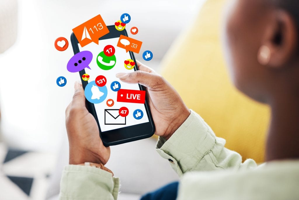Phone Notification Icon Black Woman Social Media Online Dating Chat Texting Communication Like Heart Emojis Overlay Person Typing App Screen Website Digital Network Home